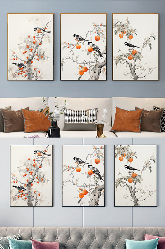 分幅国画喜鹊柿子好事发生组合装饰画-众图网