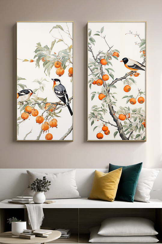 分幅国画喜鹊柿子好事发生组合装饰画-众图网