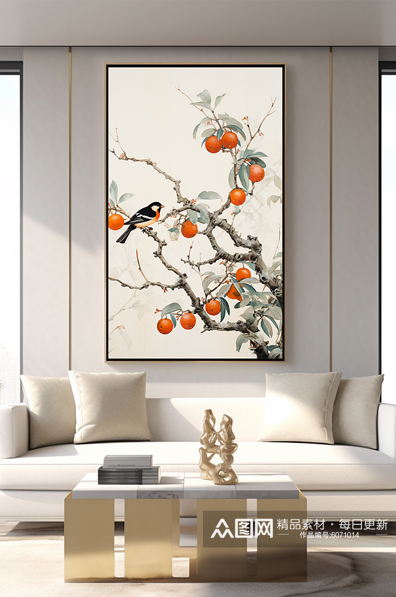 中式水墨喜鹊秋天柿子好事发生装饰画素材