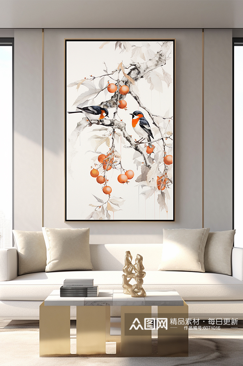 中式水墨喜鹊秋天柿子好事发生装饰画素材