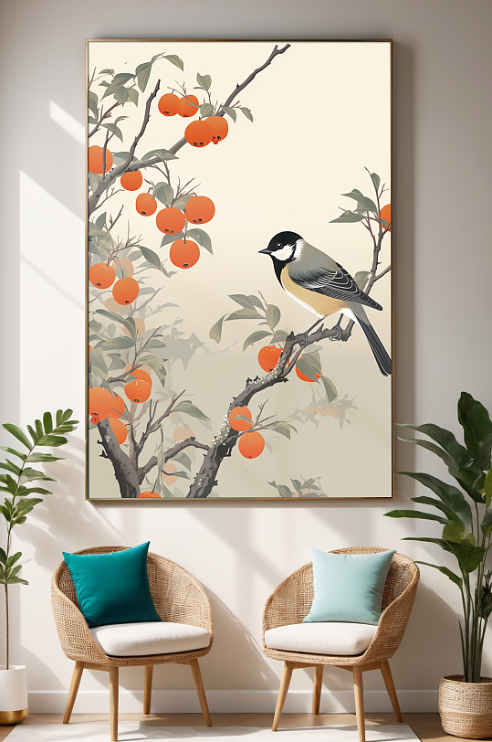 创意国画喜鹊柿子好事发生装饰画-众图网