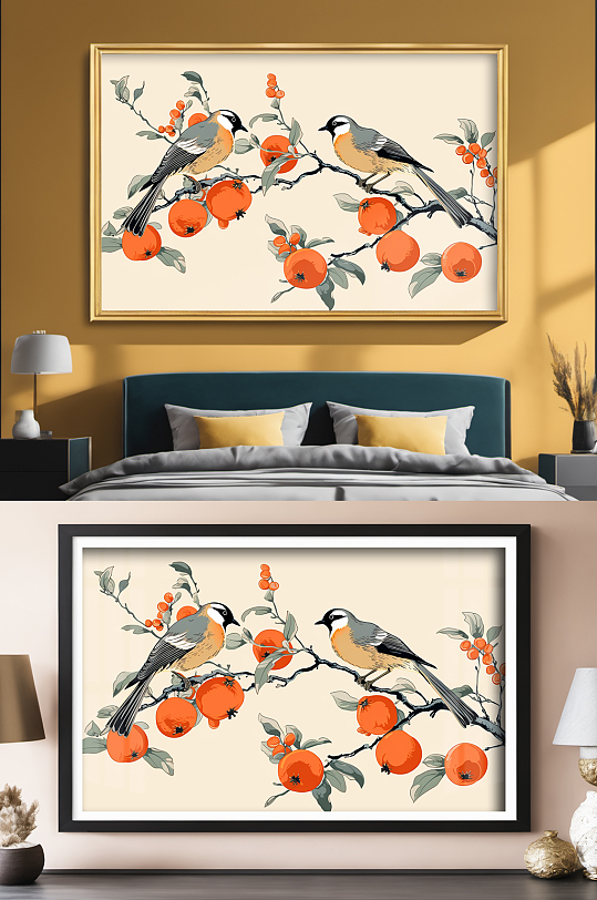 创意国画喜鹊柿子好事发生装饰画-众图网