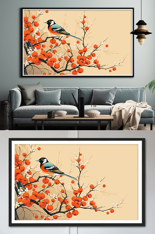 国画喜鹊柿柿如意柿子好事发生装饰画-众图网
