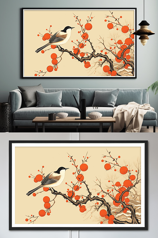 国画喜鹊柿柿如意柿子好事发生装饰画-众图网