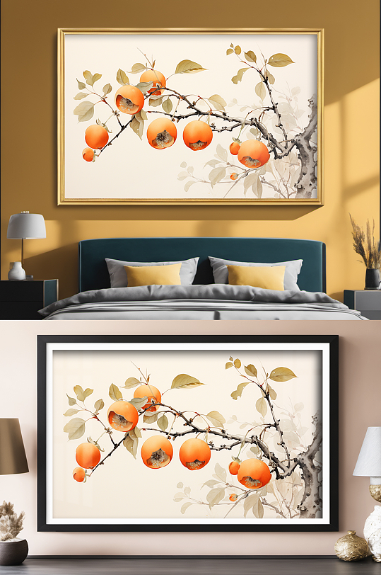 新中式水墨柿柿如意柿子好事发生装饰画-众图网