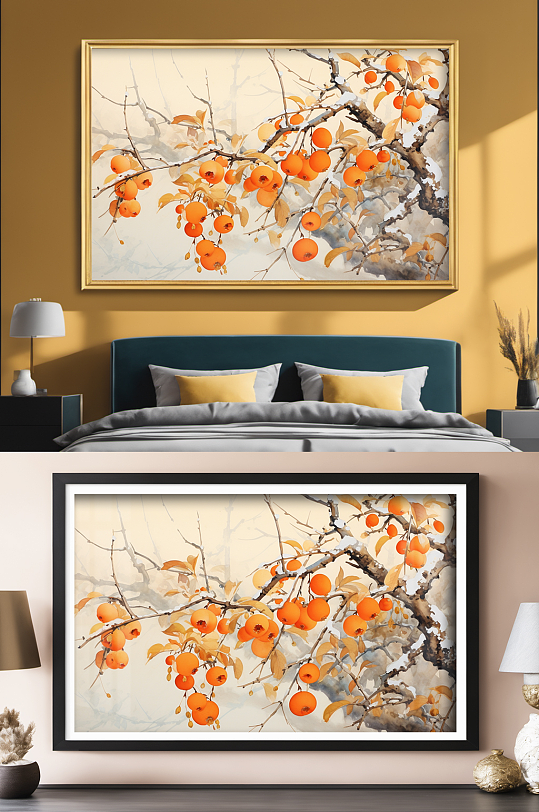 新中式水墨柿柿如意柿子好事发生装饰画-众图网