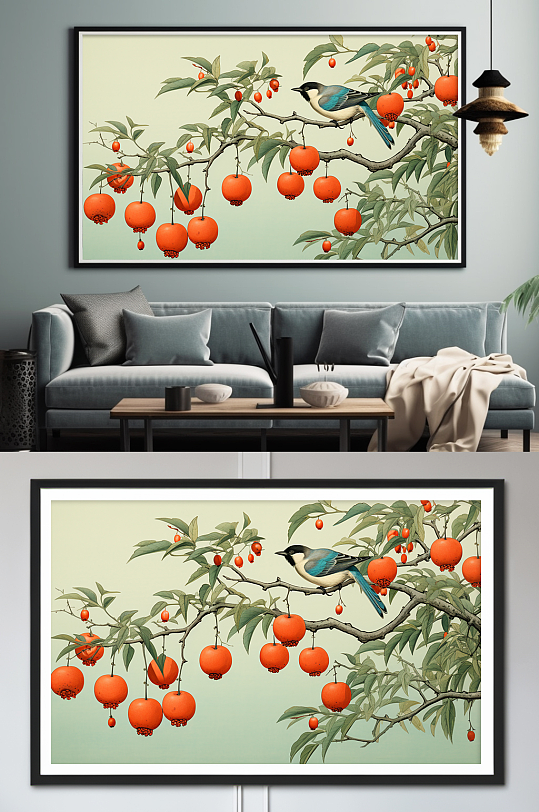 新中式水墨柿柿如意柿子好事发生装饰画-众图网