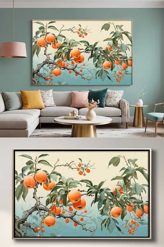 新中式水墨柿柿如意柿子好事发生装饰画-众图网