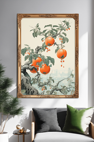 新中式水墨柿柿如意柿子好事发生装饰画