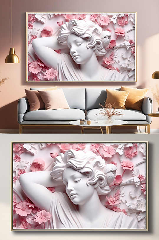 粉色花朵石膏美女雕塑模型欧美风装饰画