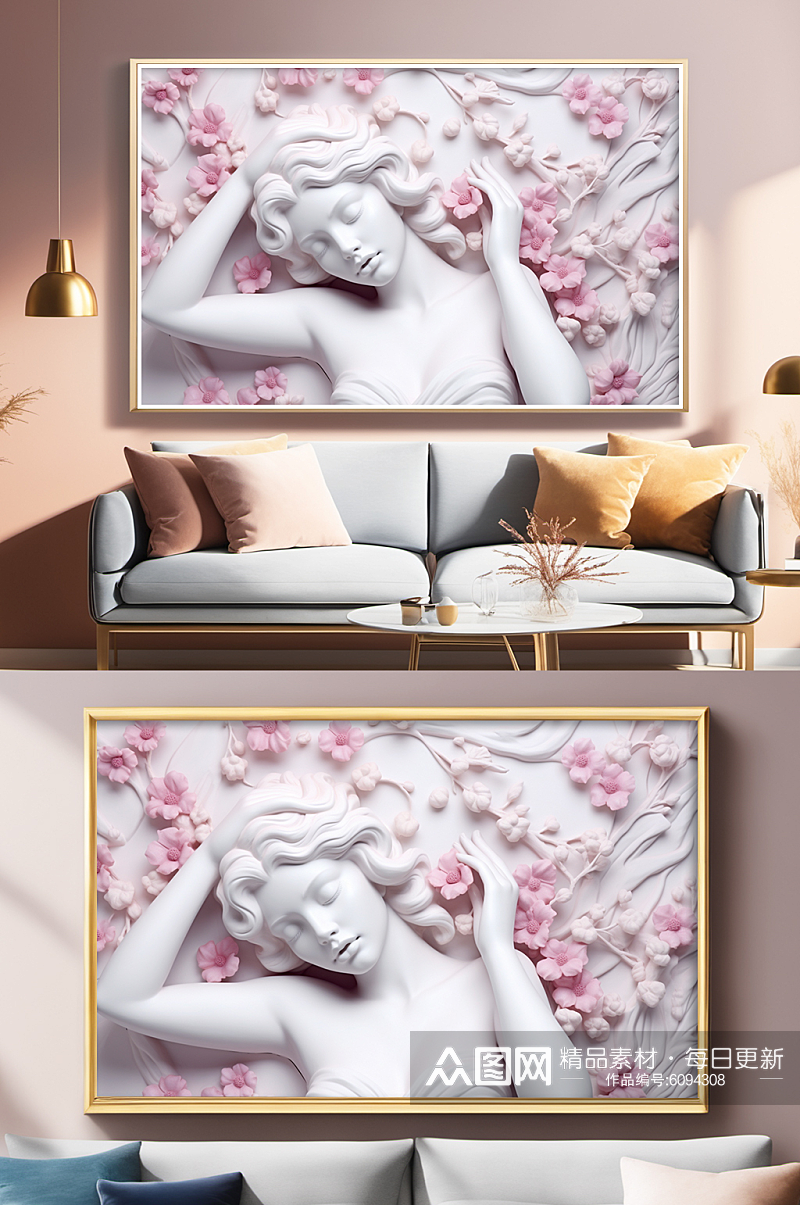 粉色花朵石膏美女雕塑模型欧美风装饰画素材
