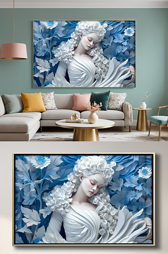艺术美女蓝色石膏雕塑模型欧美风装饰画