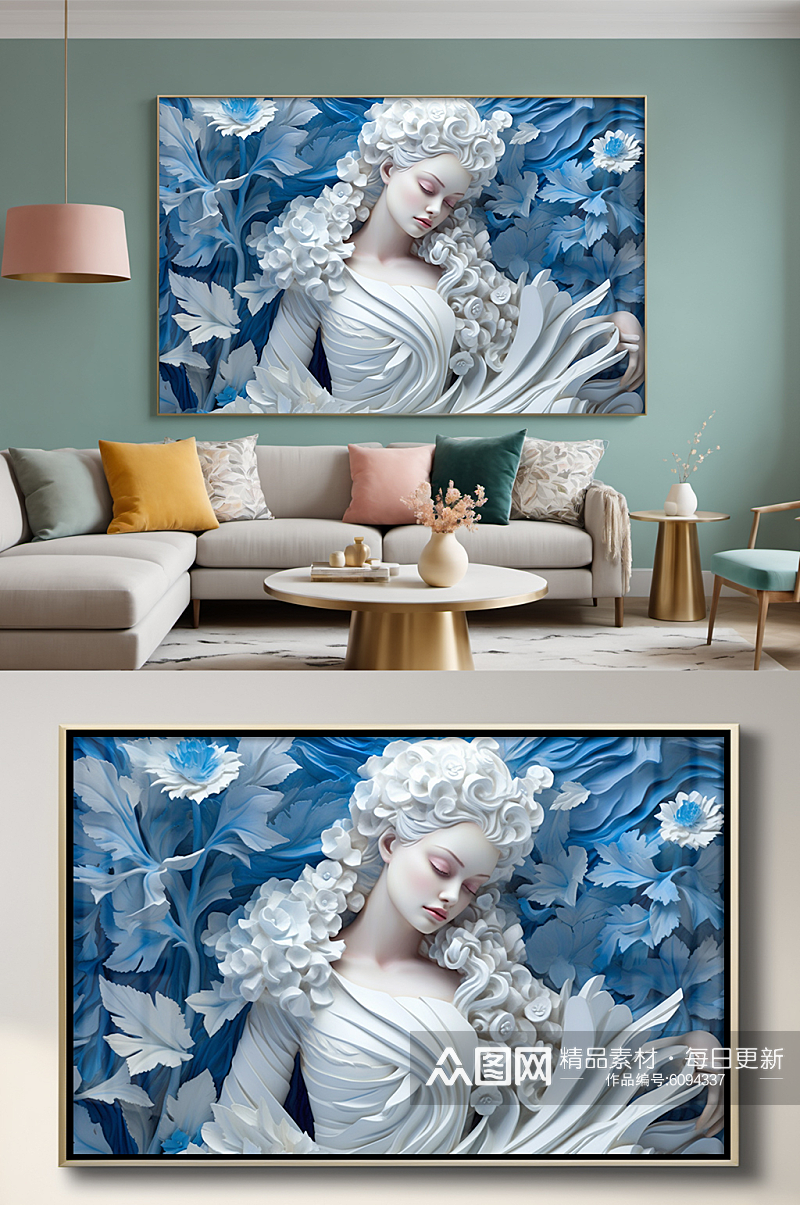艺术美女蓝色石膏雕塑模型欧美风装饰画素材
