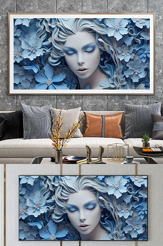 艺术美女蓝色石膏雕塑模型欧美风装饰画