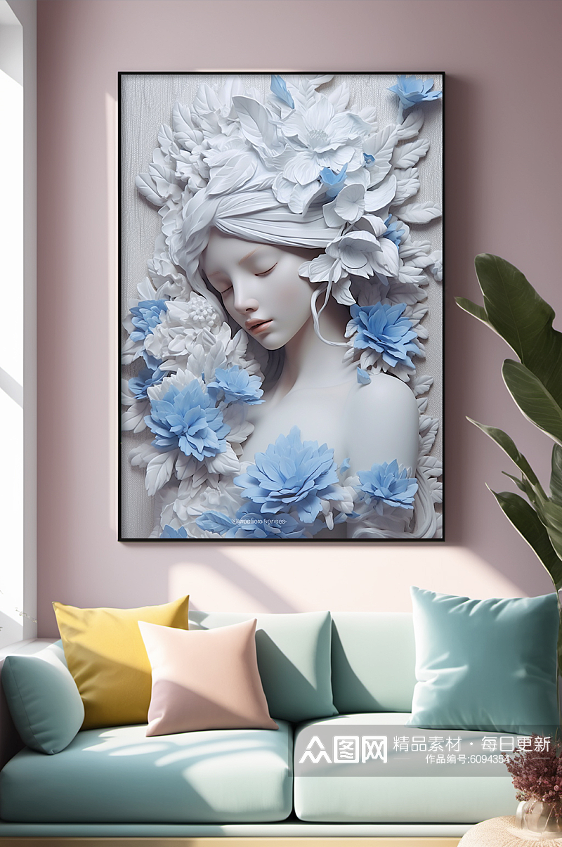 艺术美女蓝色石膏雕塑模型欧美风装饰画素材