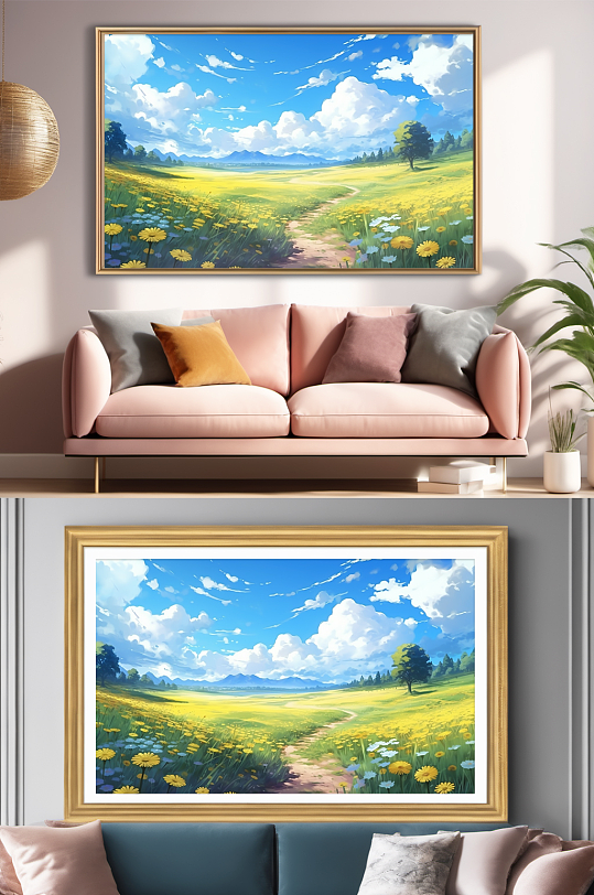 油画风蓝天绿地田园欧美风装饰画-众图网