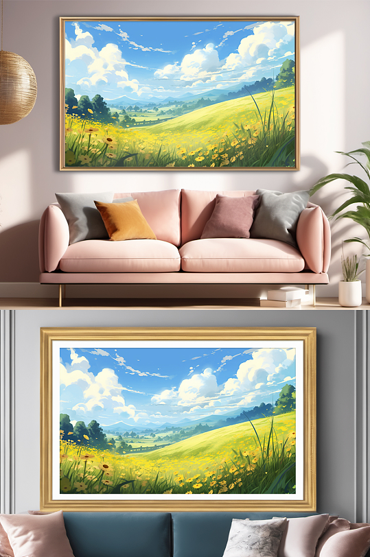 油画风蓝天绿地田园欧美风装饰画-众图网