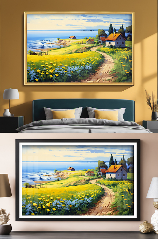 油画风村庄蓝天稻田田园欧美风装饰画-众图网