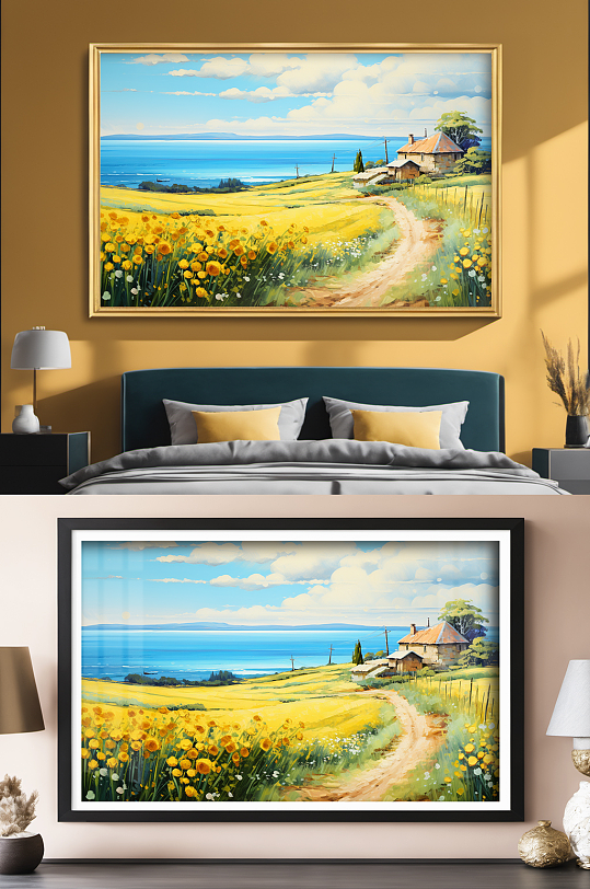 油画风村庄蓝天田园欧美风装饰画-众图网