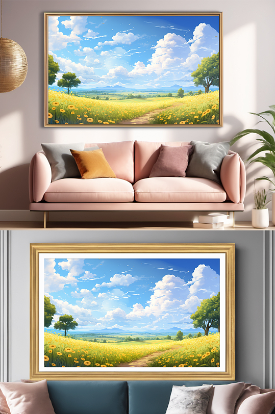 油画风村庄蓝天田园欧美风装饰画-众图网