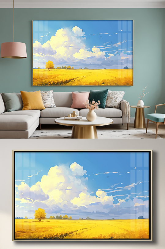 油画风插画村庄蓝天田园欧美风装饰画-众图网