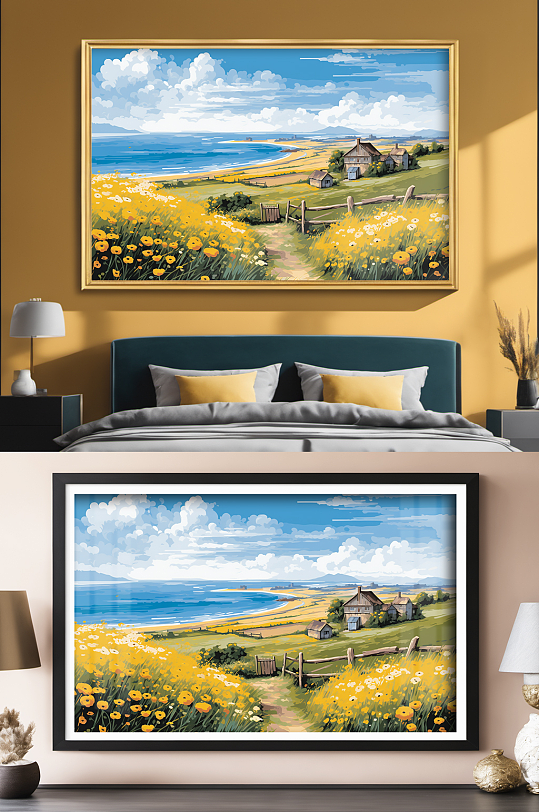 唯美油画风村庄蓝天田园欧美风装饰画-众图网