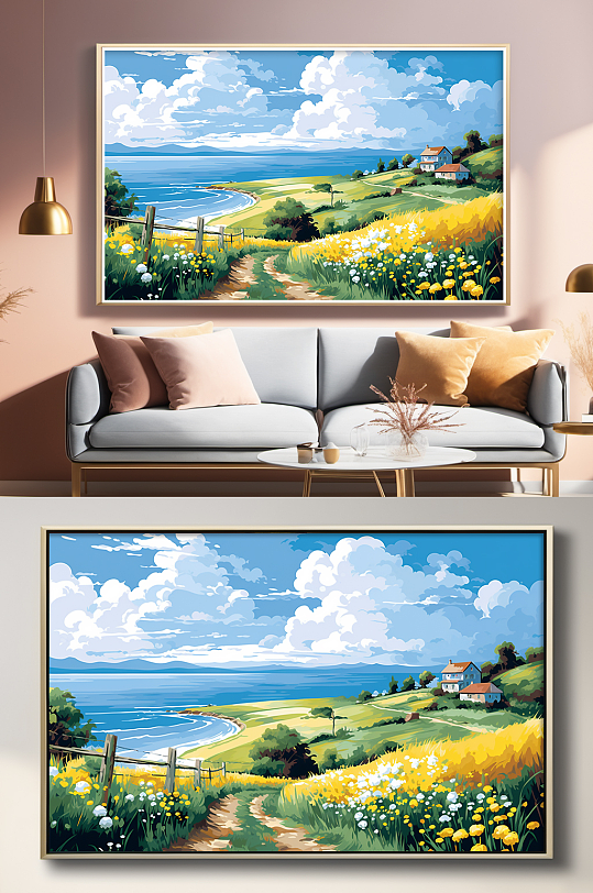 唯美油画风村庄蓝天田园欧美风装饰画-众图网