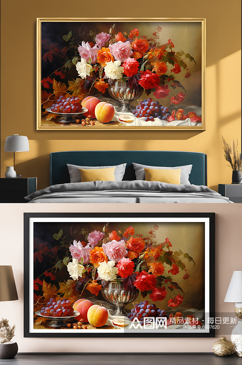 现代油画花瓶水果静物油画欧美风装饰画素材