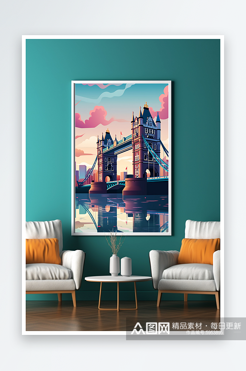 彩色大气伦敦桥扁平风国外城市地标装饰画素材