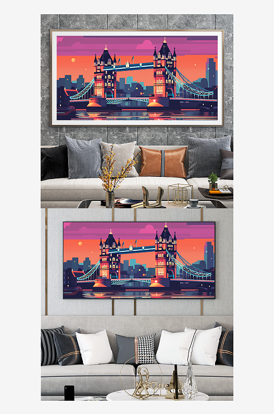 彩色大气伦敦桥扁平风国外城市地标装饰画-众图网