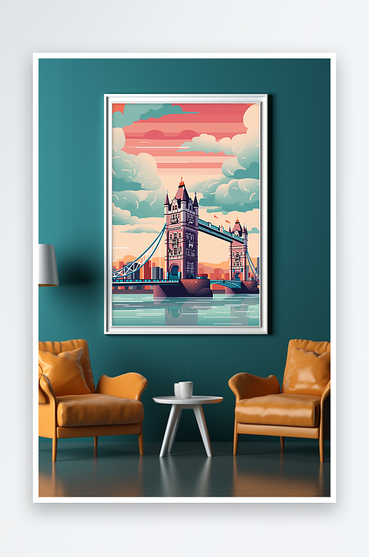 彩色大气伦敦桥扁平风国外城市地标装饰画-众图网