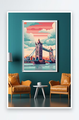 彩色大气伦敦桥扁平风国外城市地标装饰画