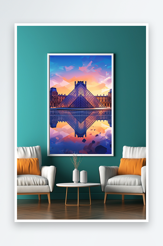 法国卢浮宫扁平风国外城市地标装饰画-众图网
