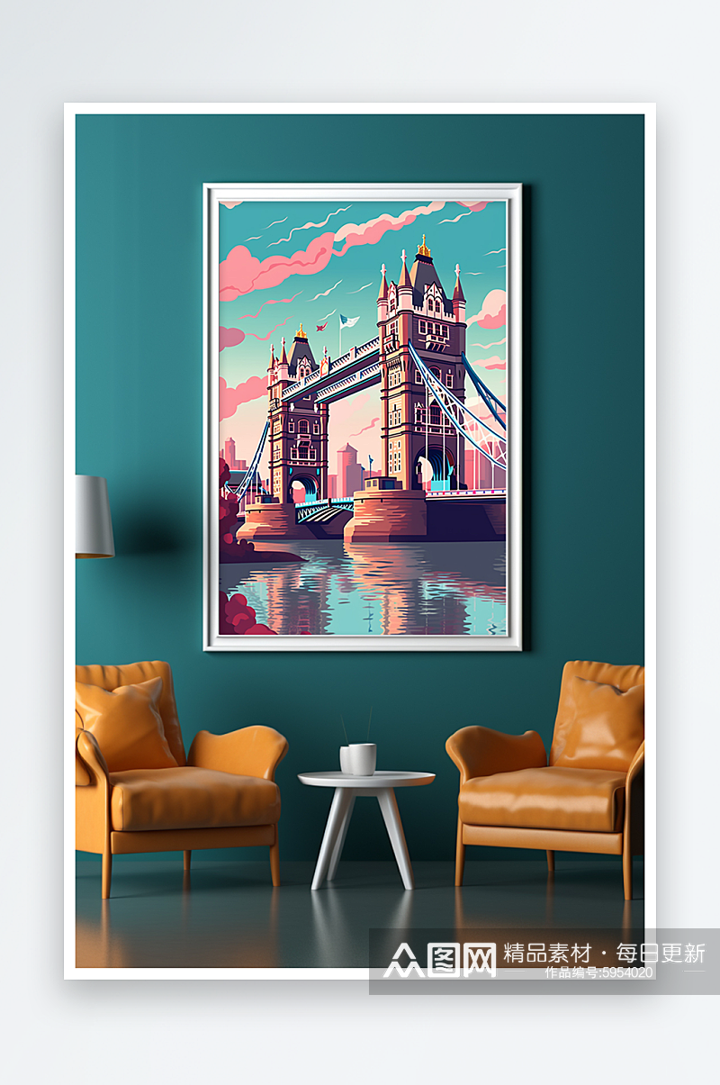 伦敦桥扁平风国外城市地标装饰画素材