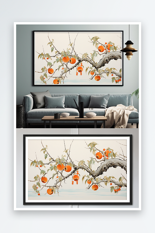新中式水墨柿柿如意柿子好事发生装饰画-众图网