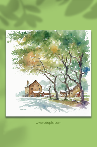 风景手绘树木房屋水彩画