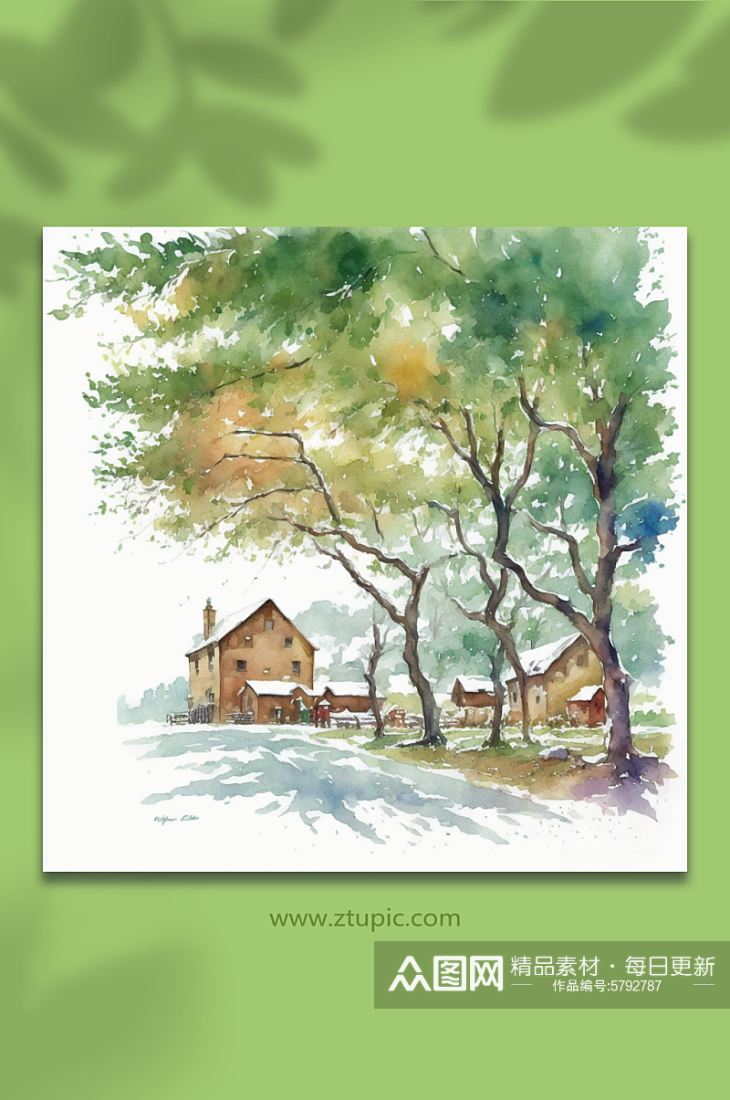 风景手绘树木房屋水彩画素材