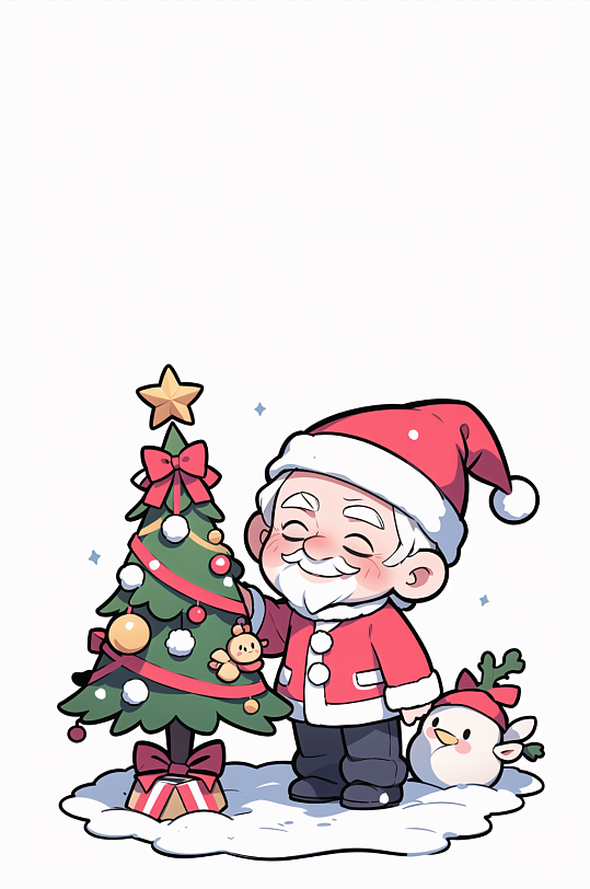 白底可爱卡通Q版圣诞老人圣诞树插画元素
