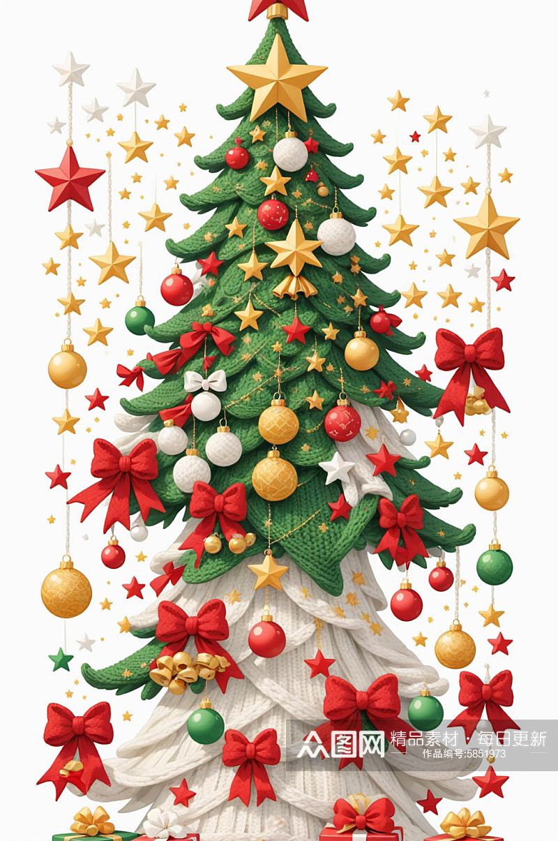 针织毛线圣诞树圣诞节五角星蝴蝶结元素素材