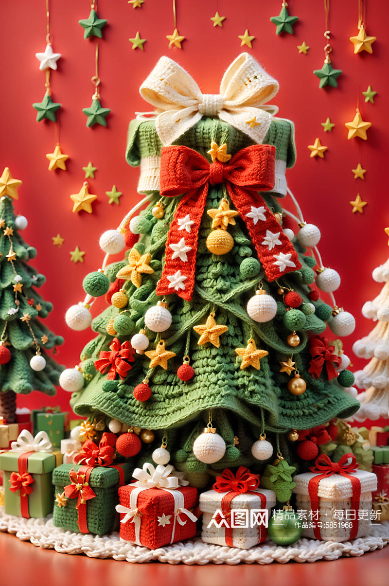 可爱卡通圣诞树蝴蝶结礼品盒五角星袜绒元素素材