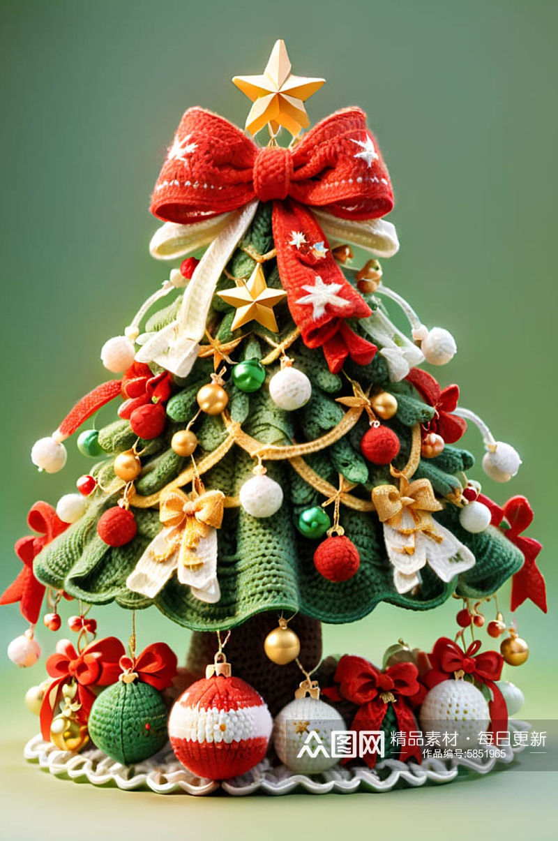 可爱卡通圣诞树毛绒针织蝴蝶结圣诞球元素素材