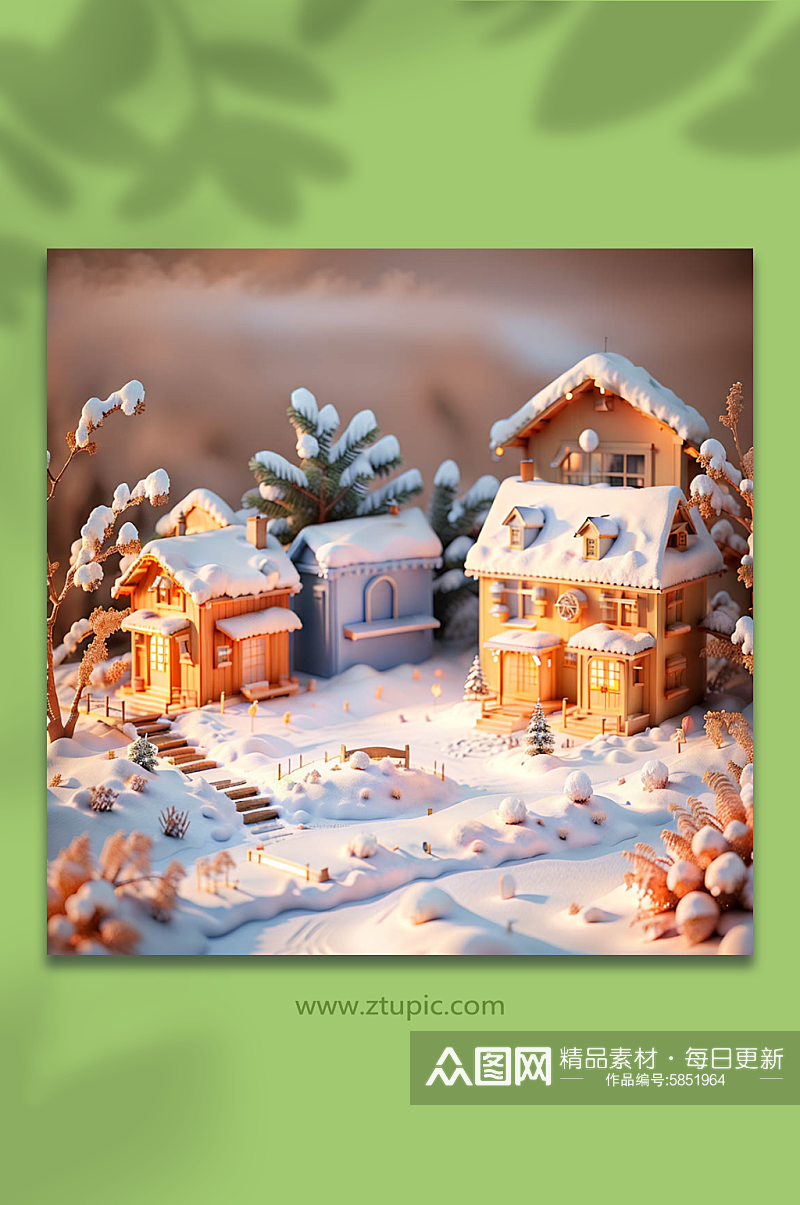 可爱卡通圣诞树圣诞节房屋雪地微缩场景素材