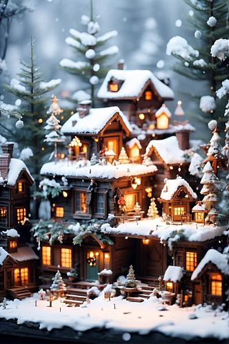 可爱卡通圣诞树圣诞节房屋雪地微缩场景