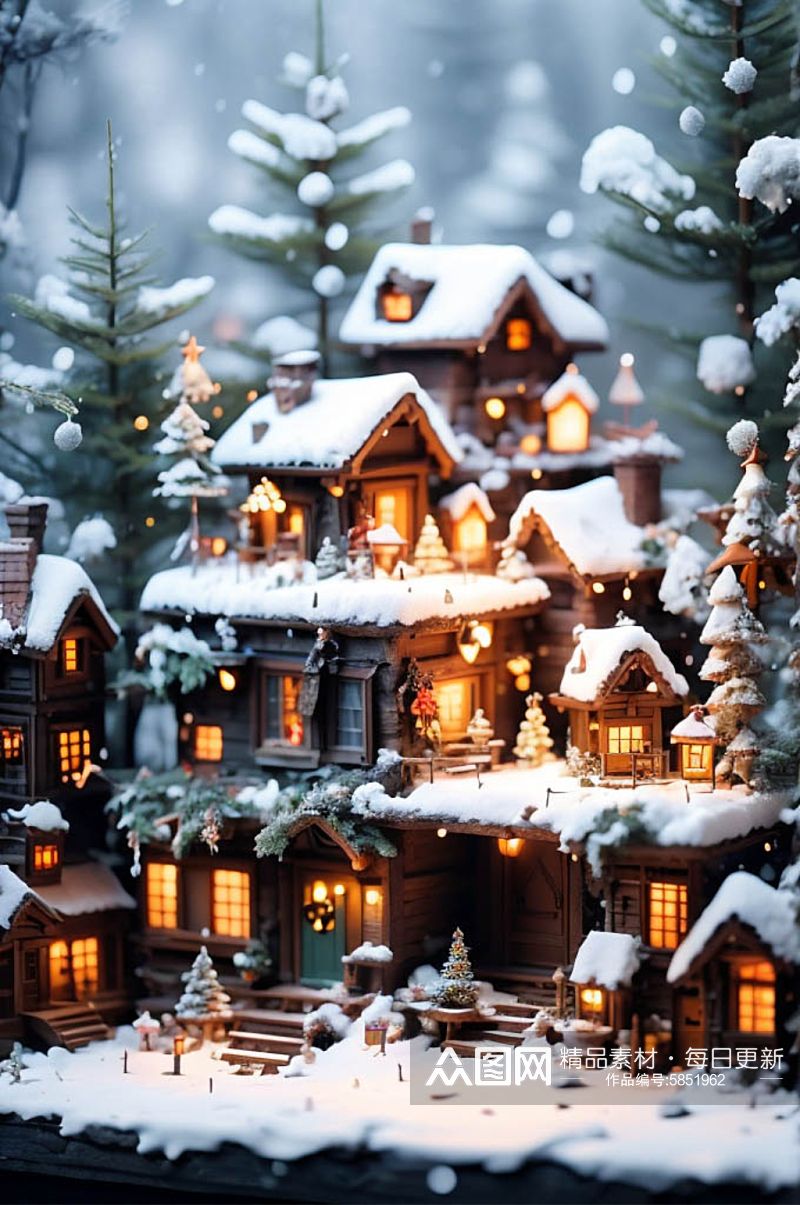 可爱卡通圣诞树圣诞节房屋雪地微缩场景素材