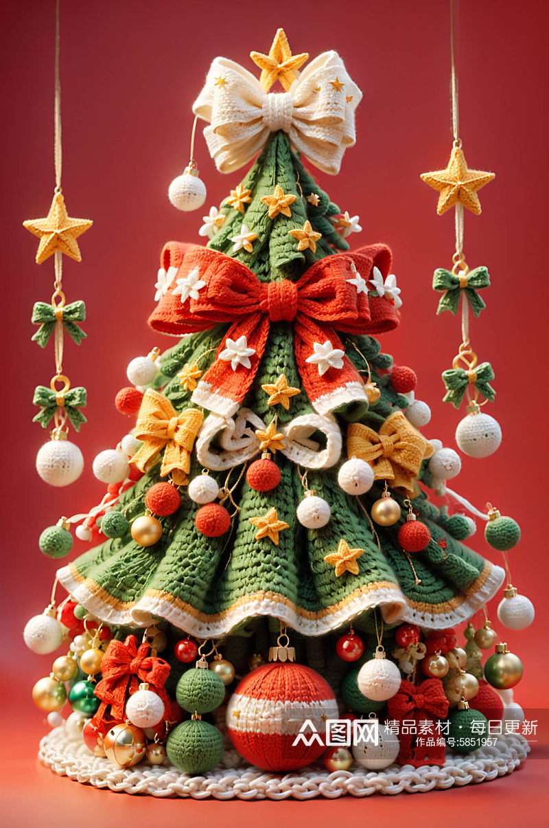 可爱卡通圣诞树毛绒针织蝴蝶结圣诞球素材
