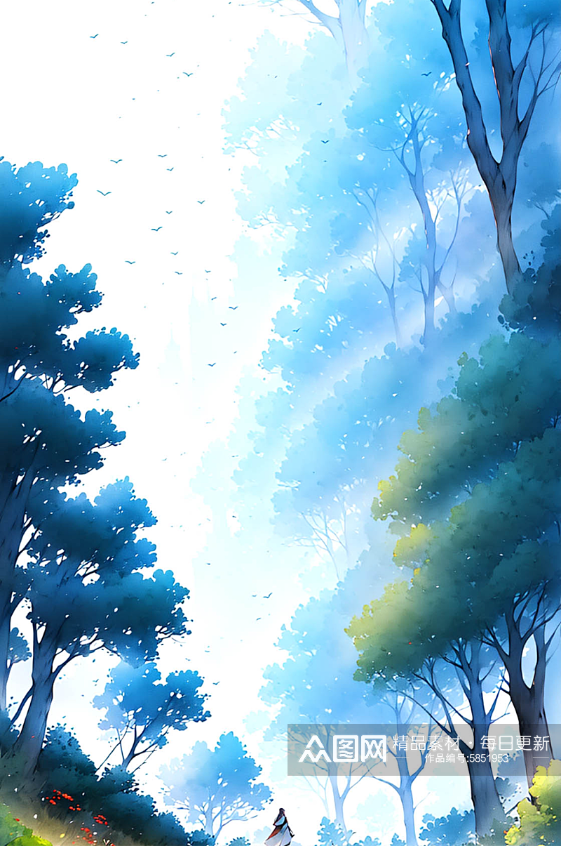 蓝色手绘水彩水粉树木风景画素材