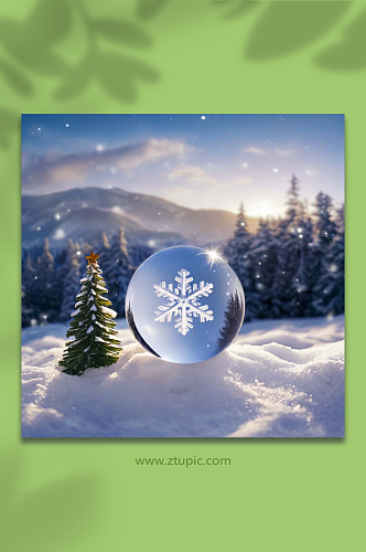 微距移轴微缩森林圣诞水晶球雪山摄影图