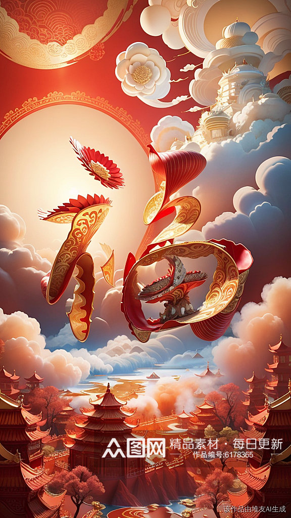 大红喜庆春节新年2024福字数字艺术元素素材