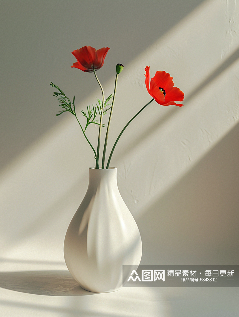 简洁白色花朵插花花瓶静物摄影素材