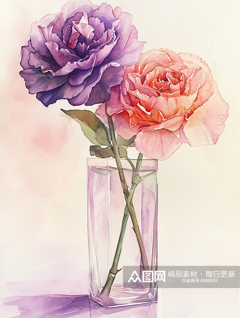 艺术花卉玫瑰康乃馨插花手绘插画素材